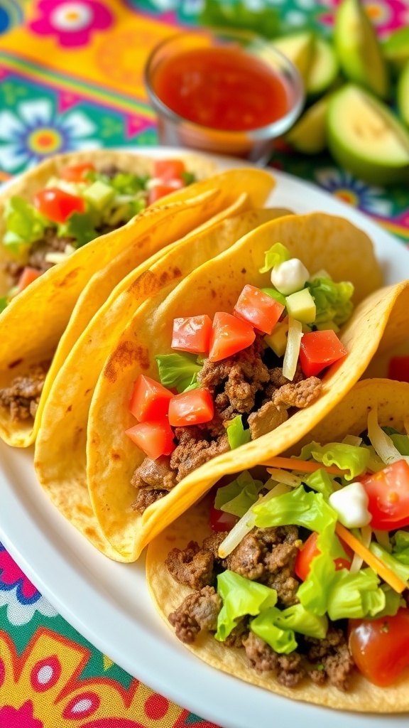 Crispy Beef Tacos Recipe A plate of crispy beef tacos topped with lettuce, tomatoes, and cheese, served with salsa and sour cream.